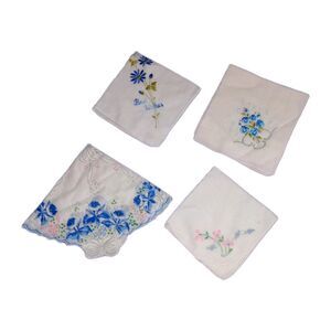 Vintage White Floral Handkerchiefs Lot 4 Best Wishes Blue Pink Flower Hankies